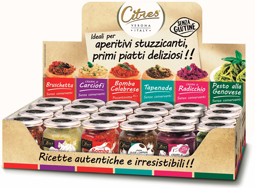 Citres Creme/ Bruschetta  Olive nere/pomodori secchi e Olive/ Bomba Calabrese/pomodoro ciliegino /Carciofi/Olive e capperi 200gr